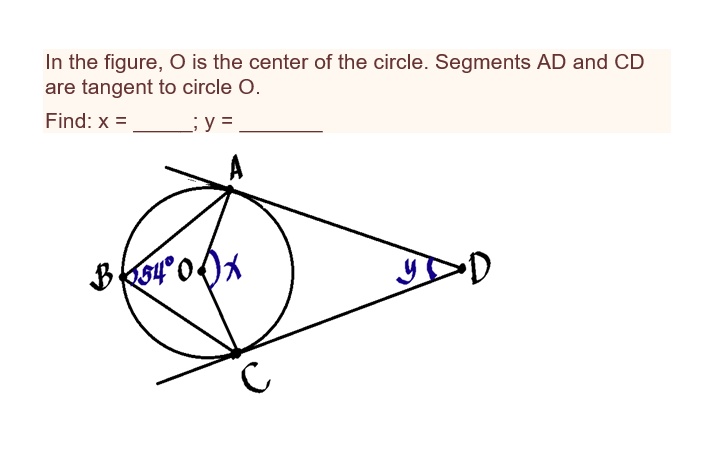 in the figure 0 is the center of the circle segments ad and cd are tangent to circle 0 find x 054 yd 85031