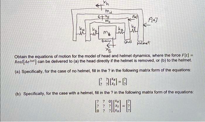 Xh
MH
txs
F[e]
Ms
F[e]
KH
KH
KB
KB
M
MB
Brain
Skull Helmet
B
Obtain the equations of motion for the model of head and helmet dynamics, where the force F(t) = Real[Ae^jω t] can be delivered to (a) the head directly if the helmet is removed, or (b) to the helmet.
(a) Specifically, for the case of no helmet, fill in the ? in the following matrix form of the equations:
< b m a t r i x >

    < b m a t r i x >
 = 
    < b m a t r i x >
(b) Specifically, for the case with a helmet, fill in the ? in the following matrix form of the equations:
< b m a t r i x >

    < b m a t r i x >
 = 
    < b m a t r i x >