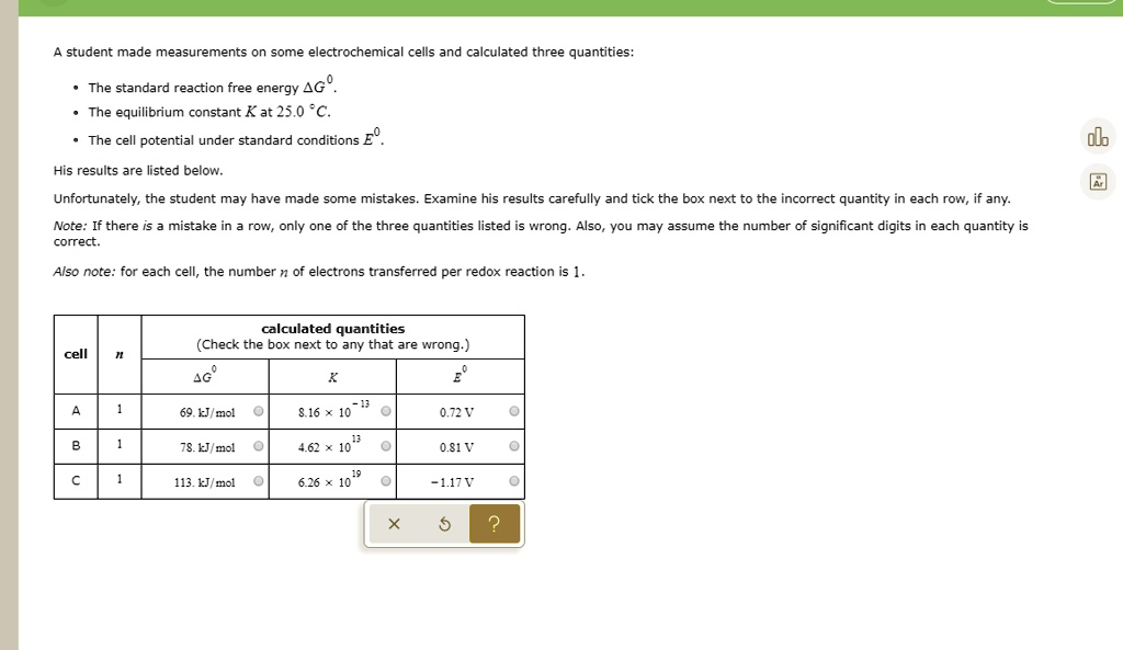 SOLVED student made measurements on some ectrochemica cells and