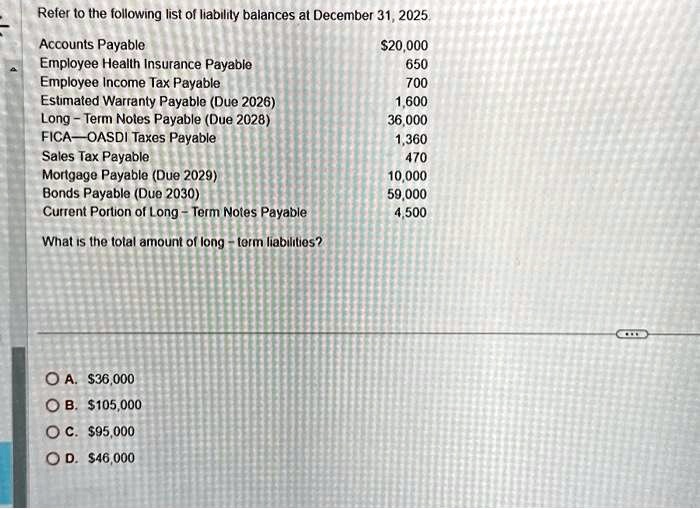 SOLVED Refer to the following list of liability balances at December