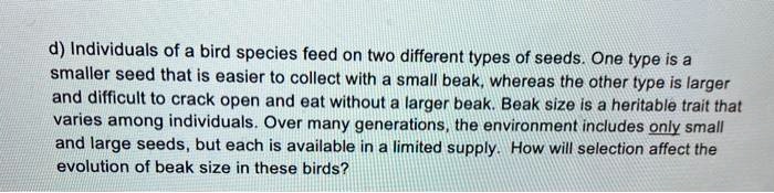 d) Individuals of a bird species feed on two different types of seeds. One type is a smaller seed that is easier to collect with a small beak, whereas the other type is larger and difficult to crack open and eat without a larger beak. Beak size is a heritable trait that varies among individuals. Over many generations, the environment includes only small and large seeds, but each is available in a limited supply. How will selection affect the evolution of beak size in these birds?