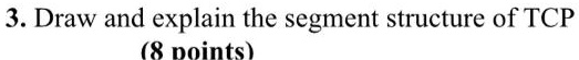 3. Draw and explain the segment structure of TCP
(8 points)