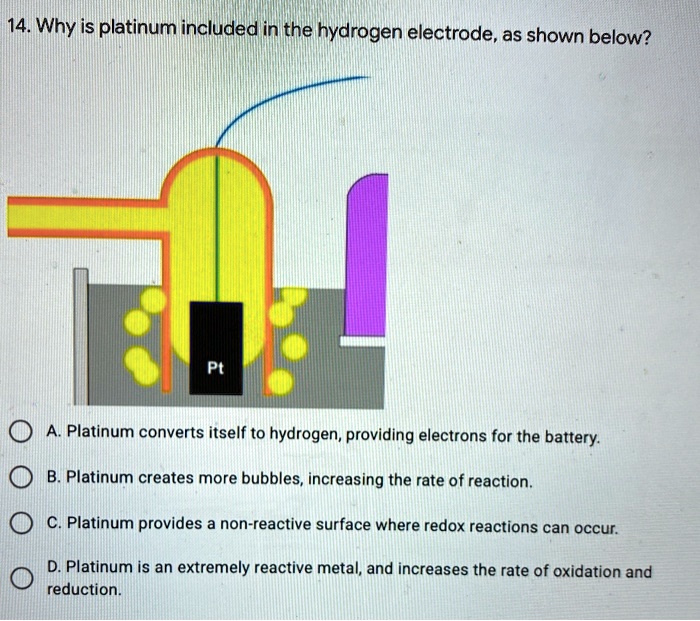 SOLVED 14. Why'` lis platinum included in the hydrogen electrode, as shown below? Pt A Platinum