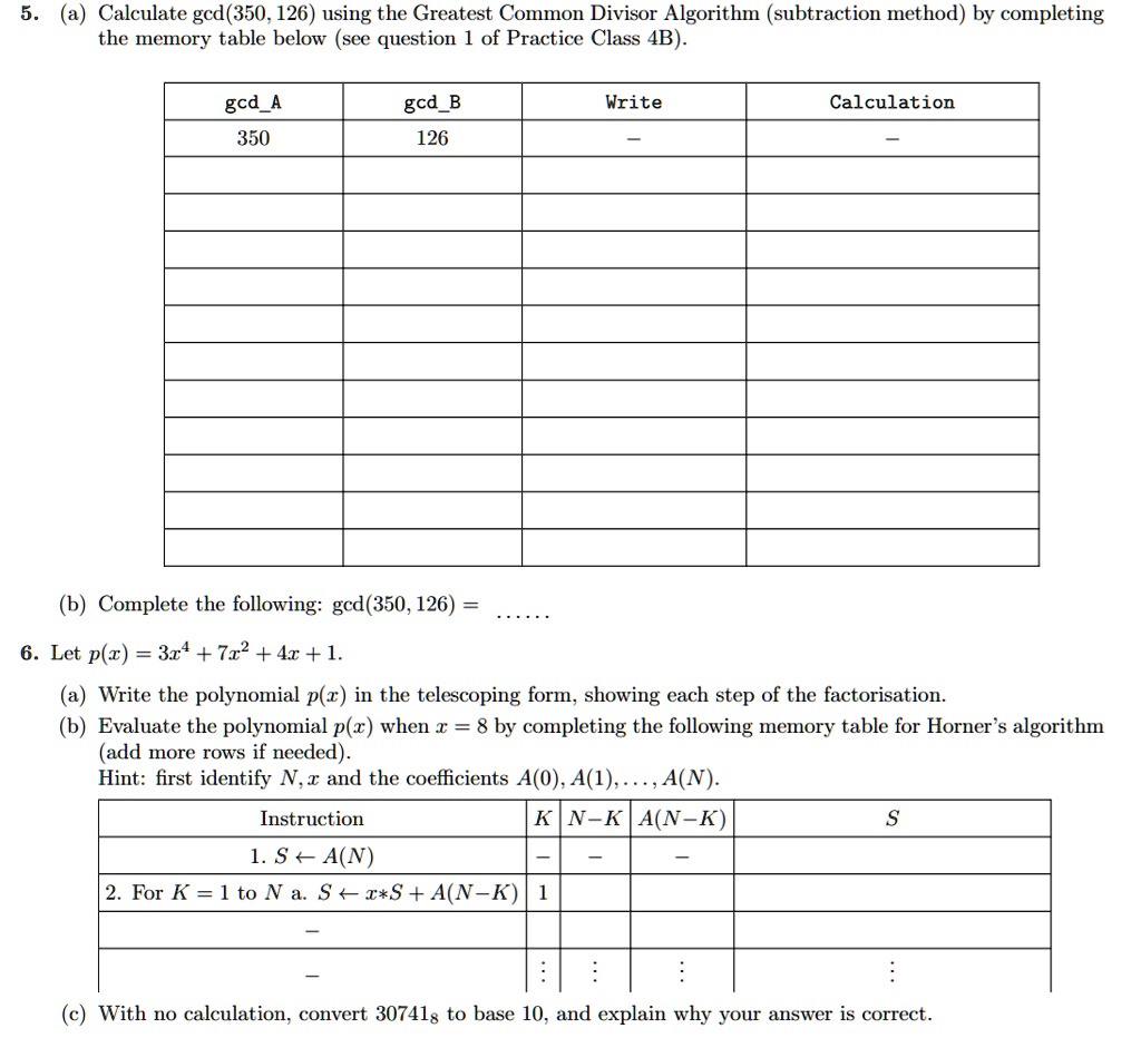 SOLVED: (a) Calculate gcd(350, 126) using the Greatest Common Divisor ...