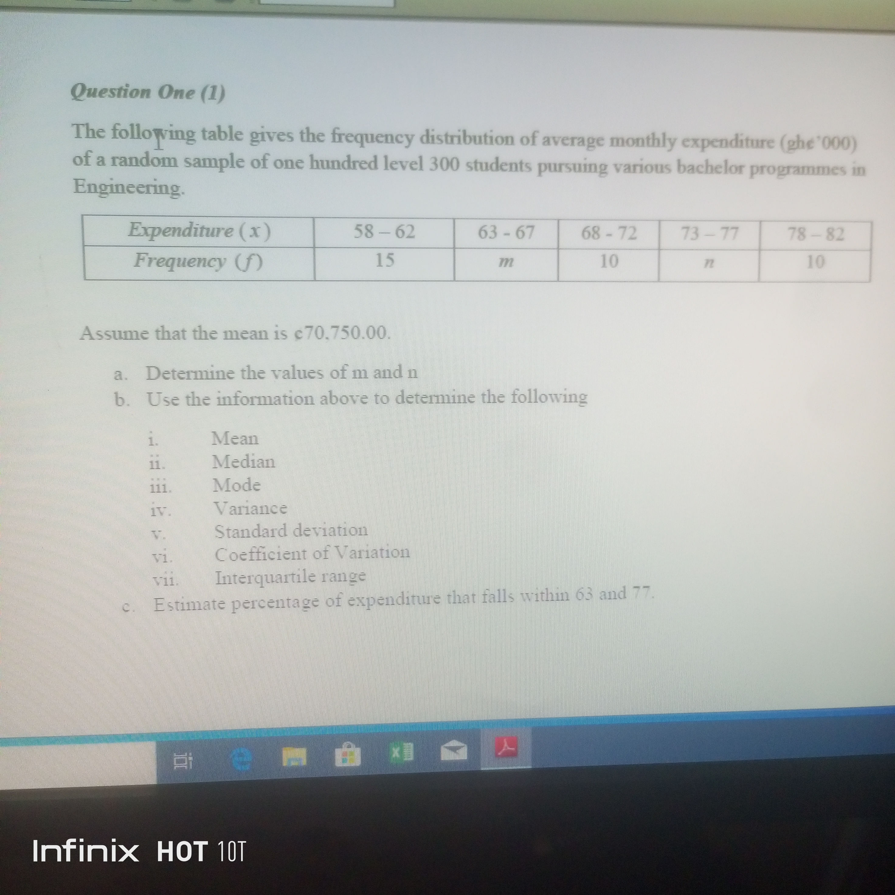 Question One (1)
The following table gives the frequency distribution of average monthly expenditure (gh" '000) of a random sample of one hundred level 300 students pursuing various bachelor programmes in Engineering.

| Expenditure (x) | 58 - 62 | 63 - 67 | 68 - 72 | 73 - 77 | 78 - 82 |
| :— | :— | :— | :— | :— | :— |
| Frequency (f) | 15 | m | 10 | n | 10 |

Assume that the mean is "70,750.00.
a. Determine the values of m and n
b. Use the information above to determine the following
i. Mean
ii. Median
iii. Mode
iv. Variance
v. Standard deviation
vi. Coefficient of Variation
vii. Interquartile range
c. Estimate percentage of expenditure that falls within 63 and 77.