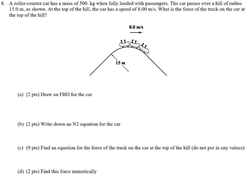 A roller-coaster car has a mass of 500.kg when fully loaded with ...