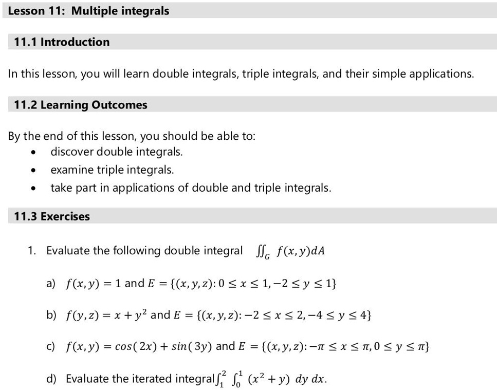 SOLVED: Text: Lesson 11: Multiple Integrals 11.1 Introduction In This ...