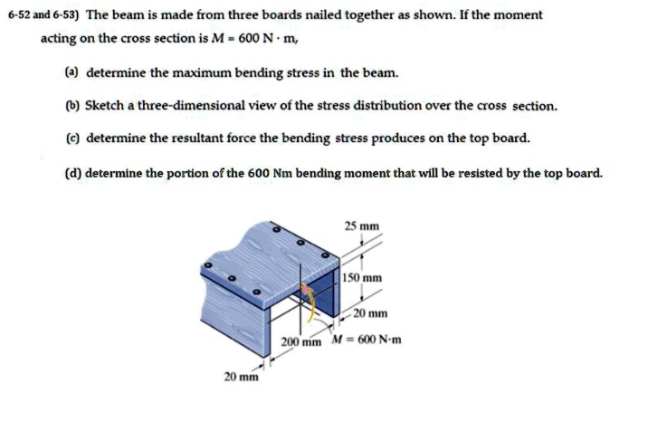6-52 and 6-53) The beam is made from three boards nailed together as shown. If the moment acting on the cross section is M = 600 N · m,
(a) determine the maximum bending stress in the beam.
(b) Sketch a three-dimensional view of the stress distribution over the cross section.
(c) determine the resultant force the bending stress produces on the top board.
(d) determine the portion of the 600 Nm bending moment that will be resisted by the top board.