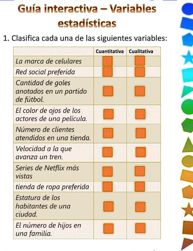 SOLVED: ayuda:( ayudaaaa ayudenme Guía interactiva Variables estadísticas  1. Clasifica cada una de las siguientes variables: Cuantitativa Cualitativa  La marca de celulares Red social preferida Cantidad de goles anotados en un  partido