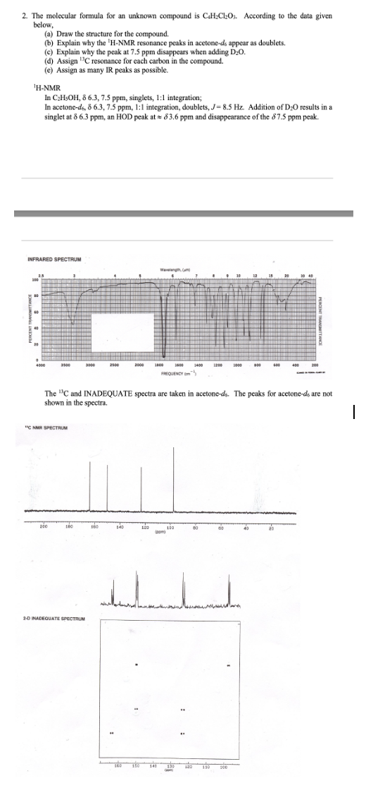 Spectrum Singlet 2. The molecular formula for an unknown compound is C4H2Cl2O3 ...