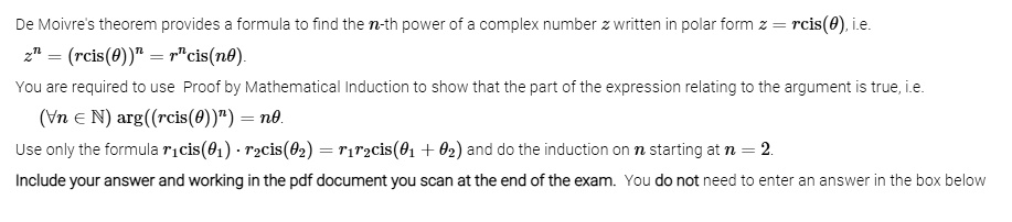 SOLVED: De Moivre's theorem provides a formula to find the n-th power ...