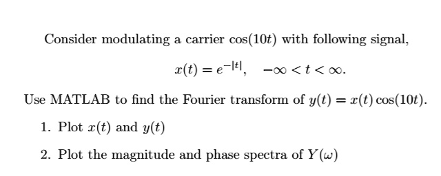 SOLVED: Consider modulating a carrier cos(10t) with the following ...