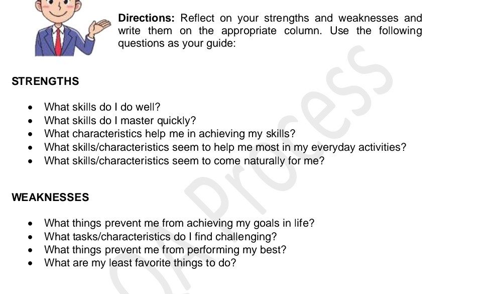 SOLVED Directions Reflect on your strengths and weaknesses and write