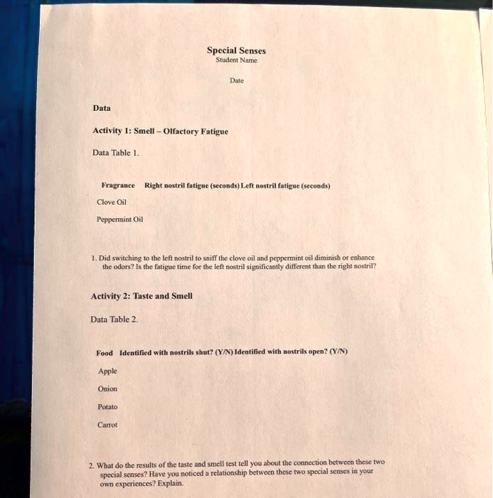 Special Senses Student Name Date Data Activity 1: Smell - Olfactory ...