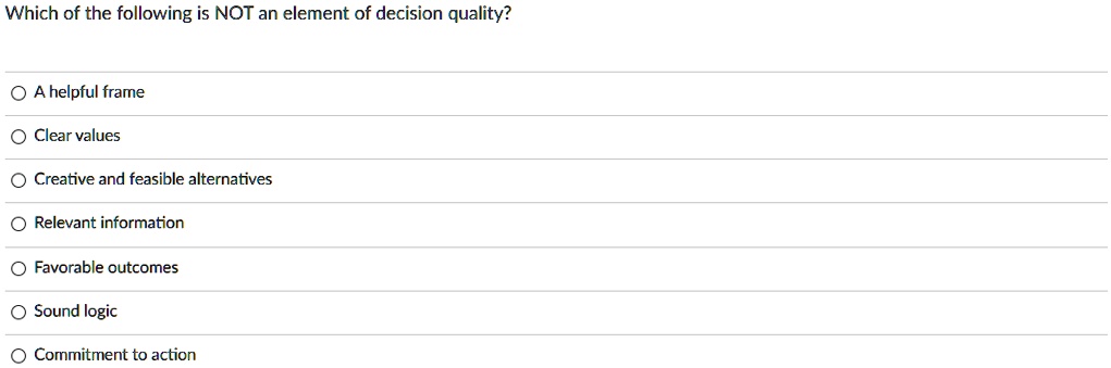 Which of the following is NOT an element of decision quality?
A helpful frame
Clear values
Creative and feasible alternatives
Relevant information
Favorable outcomes
Sound logic
Commitment to action