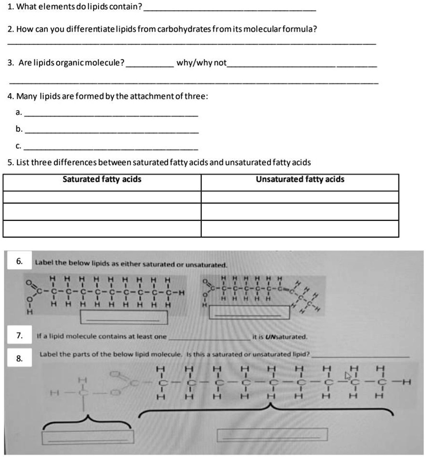 SOLVED: 1. What elements dolipids contain? 2. How can you differentiate  lipids from carbohydrates fromits molecularformula? 3. Are lipids  organicmolecule? why/whynot Many lipids are formed bythe attachmentofthree:  5. List three differences between