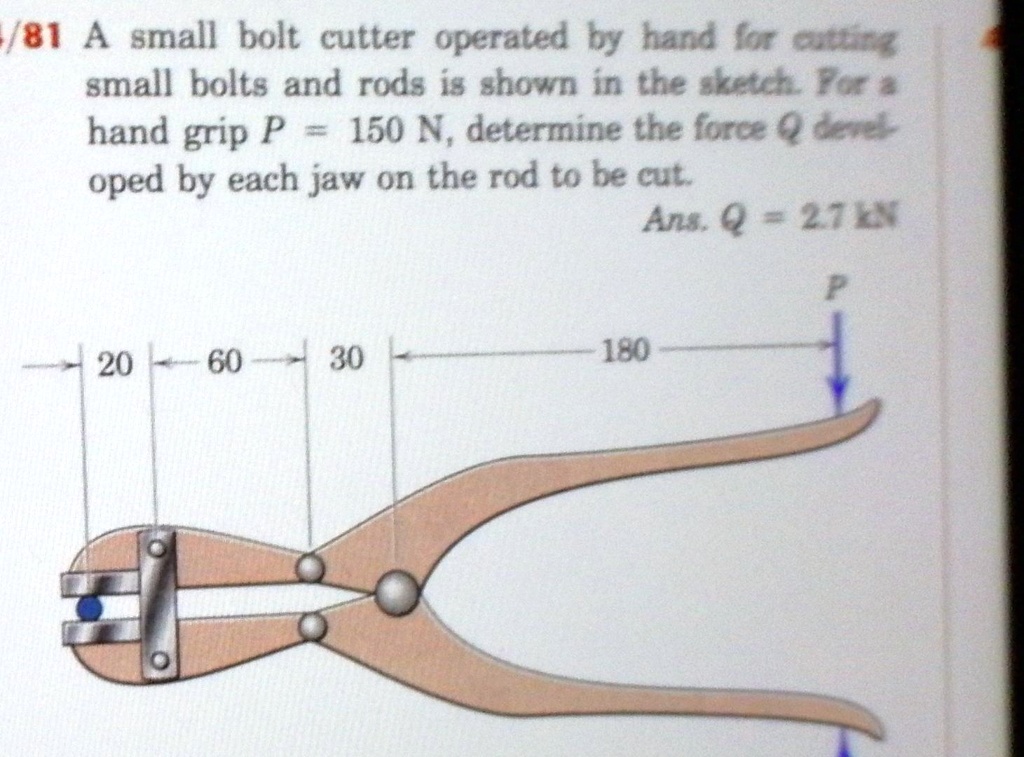 81 A small bolt cutter operated by hand for cutting
small bolts and rods is shown in the sketch. For a
hand grip P = 150 N, determine the force Q devel-
oped by each jaw on the rod to be cut.
Ans. Q = 2.7 kN
P
20
60
30
180