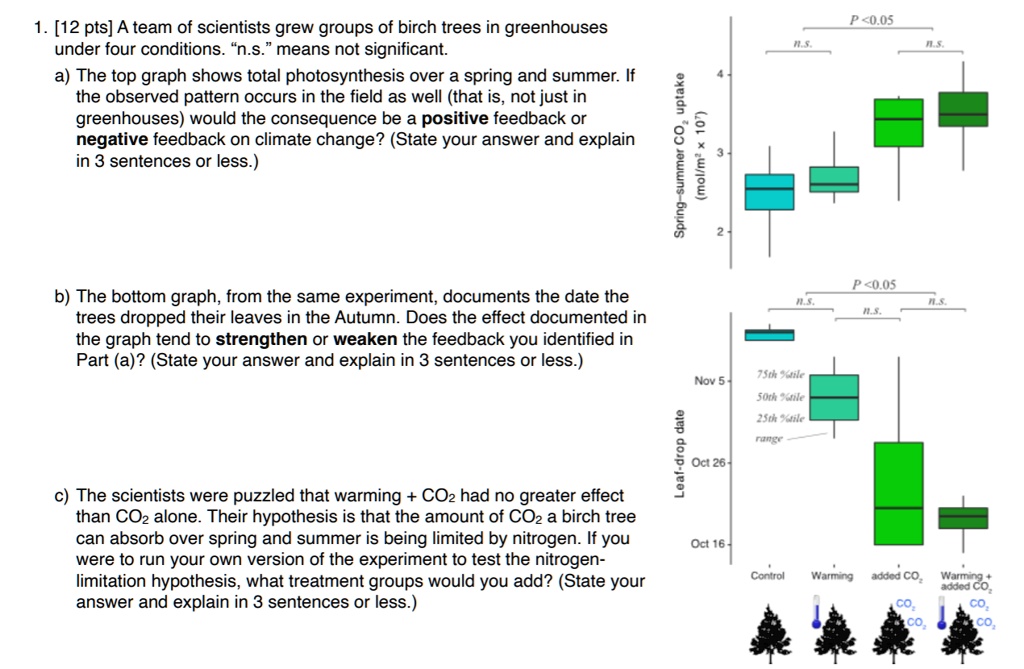 1. [12 pts] A team of scientists grew groups of birch trees in greenhouses under four conditions. "n.s." means not significant.
a) The top graph shows total photosynthesis over a spring and summer. If the observed pattern occurs in the field as well (that is, not just in greenhouses) would the consequence be a positive feedback or negative feedback on climate change? (State your answer and explain in 3 sentences or less.)

b) The bottom graph, from the same experiment, documents the date the trees dropped their leaves in the Autumn. Does the effect documented in the graph tend to strengthen or weaken the feedback you identified in Part (a)? (State your answer and explain in 3 sentences or less.)

c) The scientists were puzzled that warming + CO2 had no greater effect than CO2 alone. Their hypothesis is that the amount of CO2 a birch tree can absorb over spring and summer is being limited by nitrogen. If you were to run your own version of the experiment to test the nitrogen-limitation hypothesis, what treatment groups would you add? (State your answer and explain in 3 sentences or less.)