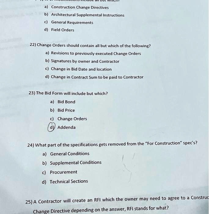 SOLVED: a) Construction Change Directives b) Architectural Supplemental ...