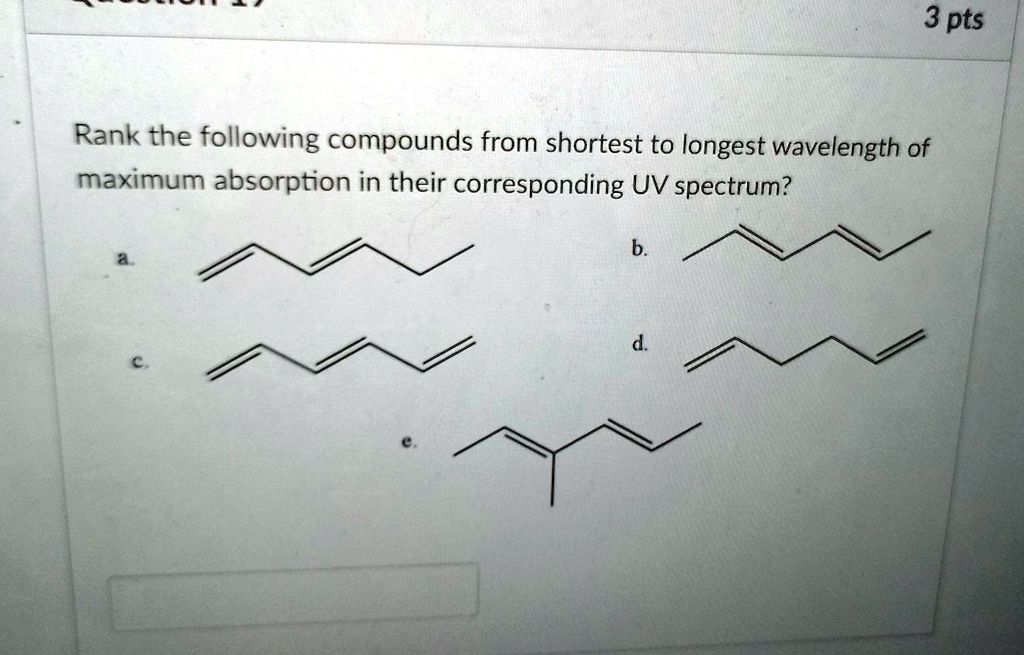 3 pts Rank the following compounds from shortest to longest wavelength