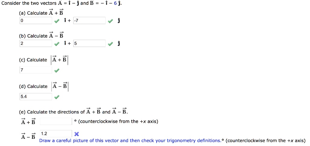 SOLVED:Consider The Two Vectors 4 = I -j And = _ (a) Calculate ^ + B 6 ...