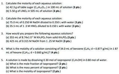 SOLVED: Calculate the molarity of each aqueous solution: (a) 75.0 mL of ...