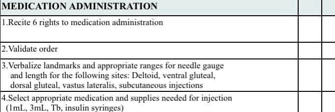 MEDICATION ADMINISTRATION
1.Recite 6 rights to medication administration
2.Validate order
3.Verbalize landmarks and appropriate ranges for needle gauge and length for the following sites: Deltoid, ventral gluteal, dorsal gluteal, vastus lateralis, subcutaneous injections
4.Select appropriate medication and supplies needed for injection (1mL, 3mL, Tb, insulin syringes)
