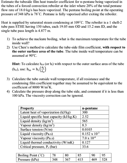 Solved: Estimate The Tubeside Film Heat Transfer Coefficient For N 