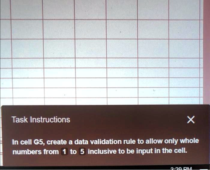SOLVED: In cell G5, create a data validation rule to allow only whole ...