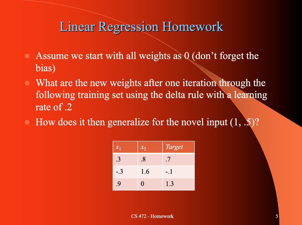 linear regression homework assume we start with all weights as dont forget the bias what are the new weights after one iteration through the following training set using the delta rule with  05046