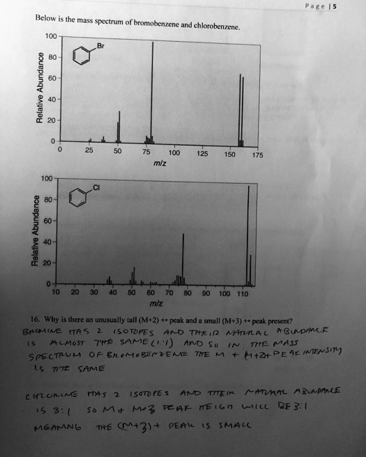 Below is the mass spectrum of bromobenzene and chlorobenzene.
Relative Abundance
100
Br
80
60
40
20
0
0 25 50 75 100 125 150 175
m/z
100
Cl
80
Relative Abundance
60
40
20
0
10 20 30 40 50 60 70 80 90 100 110
m/z
16. Why is there an unusually tall (M+2) +• peak and a small (M+3) +• peak present?
BROMINE HAS 2 ISOTOPES AND THEIR NATURAL ABUNDANCE IS ALMOST THE SAME (1:1) AND SO IN THE MASS SPECTRUM OF BROMOBENZENE THE M + (M+2) PEAK INTENSITY IS THE SAME
CHLORINE HAS 2 ISOTOPES AND THEIR NATURAL ABUNDANCE IS 3:1 SO M+ M+2 PEAK HEIGH WILL BE 3:1 MEANING THE (M+2)+ PEAK IS SMALL