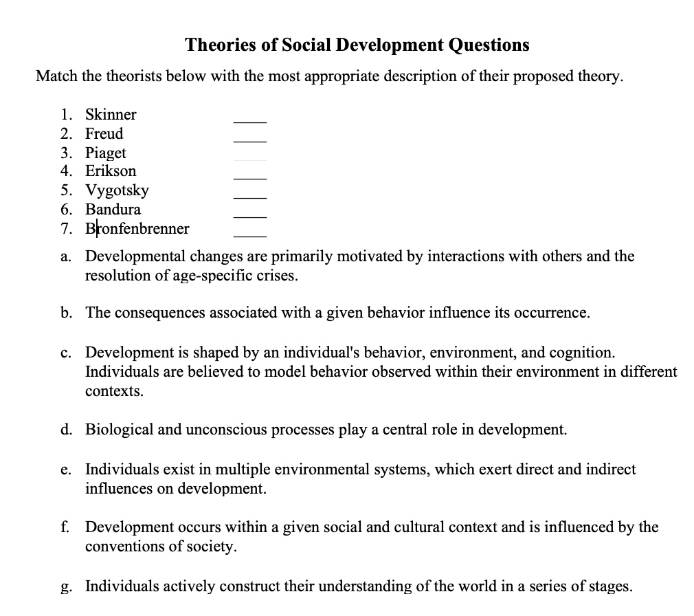 SOLVED Theories of Social Development Questions Match the