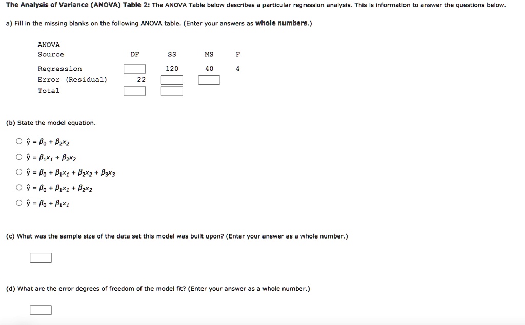 the analysis of variance anova table 2 the anova table below describes particular regression analysis this information to answer the questions below a fill in the missing blanks on the follo 21686