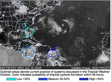 800 PM EDT WED JUL 16 2008
Satellite Image: 0652 PM EDT
Outlined areas denote current position of systems discussed in the Tropical Weather
Outlook. Color indicates probability of tropical cyclone formation within 48 hours.
Low <30%
Medium 30-50%
High >50%