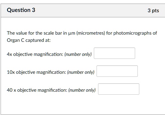 The value for the scale bar in m (micrometres) for photomicrographs of Organ C captured at:
4x objective magnification: (number only)
10x objective magnification: (number only)
40 x objective magnification: (number only)