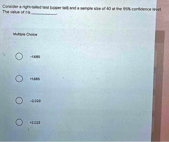 Consider a right-tailed test (upper tail) and a sample size of 40 at the 95% confidence level.
The value of t is .

Multiple Choice
-1.685
+1.685
-2.023
+2.023