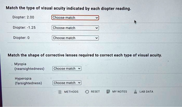 SOLVED: Match the type of visual acuity indicated by each diopter ...