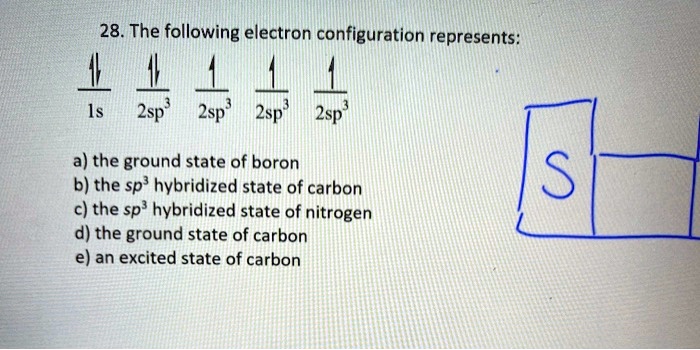 28 the following electron configuration represents is 2sp 2sp 2sp 2sp a the ground state of boron b the sp hybridized state of carbon c the sp hybridized state of nitrogen d the ground state 73281