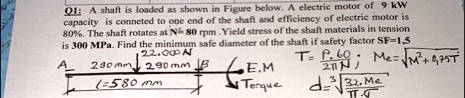 q1 a shaft is loaded as shown in figure below a electric motor of 9 kw capacity is conneted to one end of the shaft and efficiency of electric motor is 80 the shaft rotates at n2 80rpm yield 49934