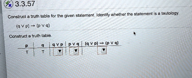 Solved 3 3 57 Construct Truth Table For The Given Statement Identify Whether The Statement Is A Tautology Q V P P Vq Construct Truth Table Q Vp P V 9 Q V P P Va