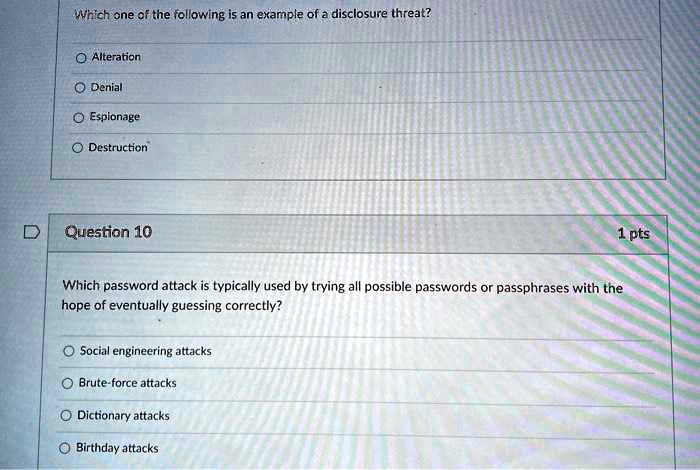 Questions Atacks SOLVED: Which one of the following is an example of a disclosure threat ...