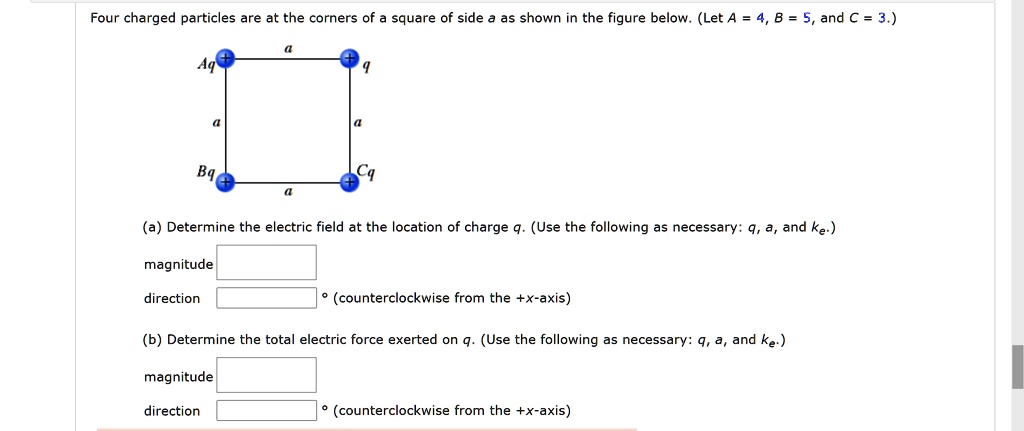 SOLVED: Four charged particle es are at the corners of square of side ...