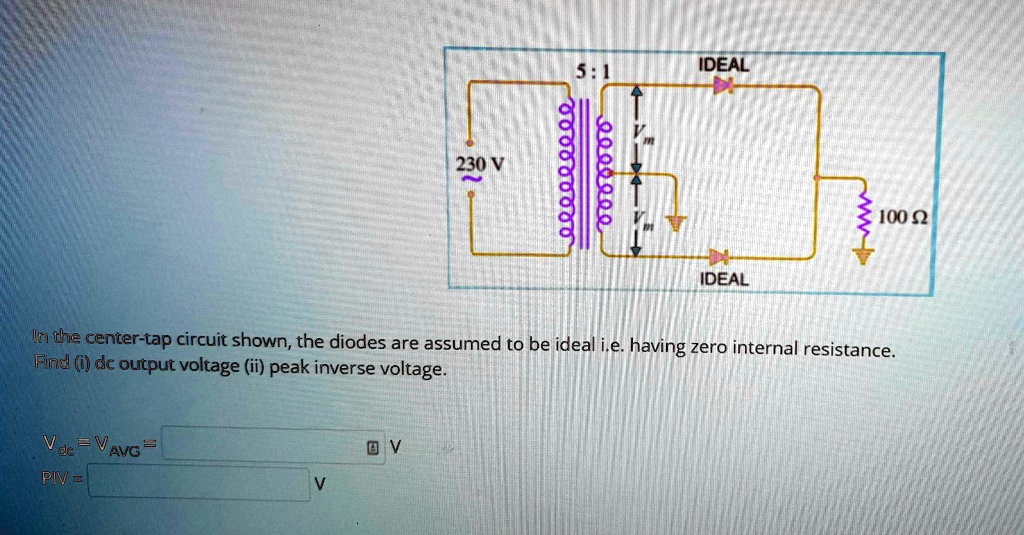 230 V 5:1 IDEAL Vm IDEAL 100 ? In the center-tap circuit shown, the