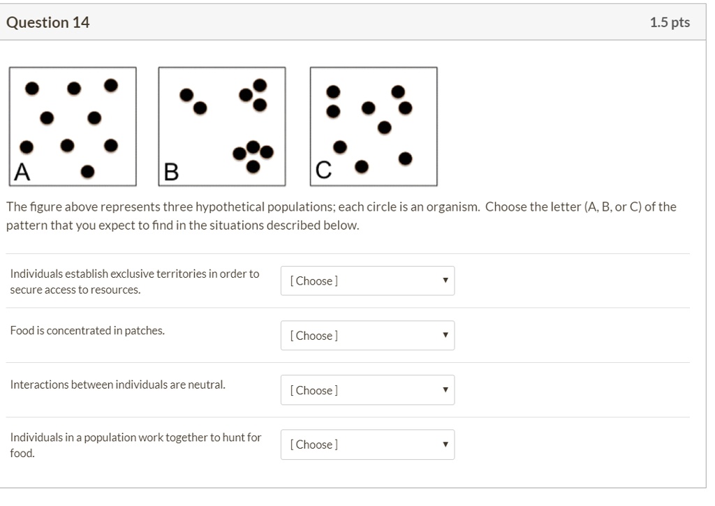 Question 14 1.5 pts

A B C

The figure above represents three hypothetical populations; each circle is an organism. Choose the letter (A, B, or C) of the pattern that you expect to find in the situations described below.

Individuals establish exclusive territories in order to secure access to resources.

Food is concentrated in patches.

Interactions between individuals are neutral.

Individuals in a population work together to hunt for food.