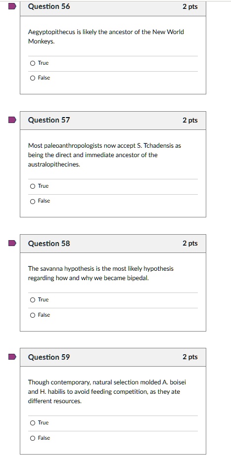Question 56
Aegyptopithecus is likely the ancestor of the New World Monkeys.
True
False
Question 57
Most paleoanthropologists now accept S. Tchadensis as being the direct and immediate ancestor of the australopithecines.
True
False
Question 58
The savanna hypothesis is the most likely hypothesis regarding how and why we became bipedal.
True
False
Question 59
Though contemporary, natural selection molded A. boisei and H. habilis to avoid feeding competition, as they ate different resources.
True
False