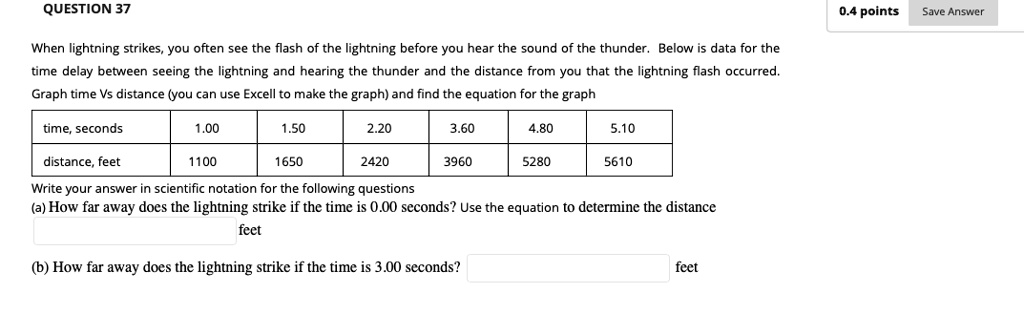 SOLVED: QUESTION 37  points Save Answer When lightning strikes, You  often see the flash of the lightning before you hear the sound of the  thunder. Below data for the time delay