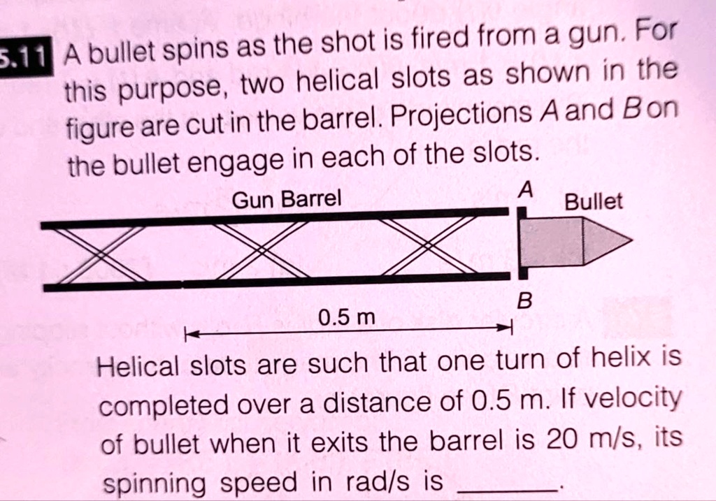 SOLVED: A bullet spins as the shot is fired from a gun.For this purpose,  two helical slots as shown in the figure are cut in the barrel.Projections  A and Bon the bullet