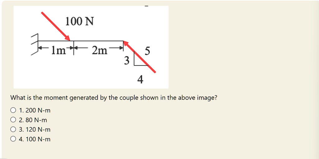 100 N
1m 2m
3
4
5
What is the moment generated by the couple shown in the above image?
1. 200 N-m
2. 80 N-m
3. 120 N-m
4. 100 N-m
