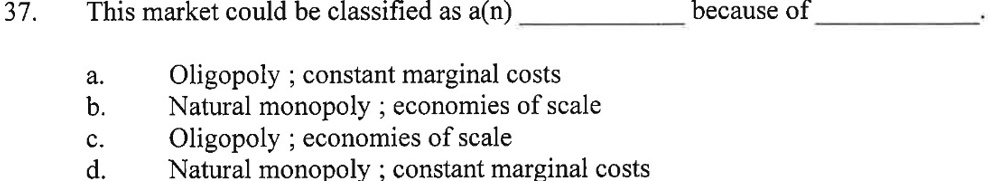 37. This market could be classified as a(n)  because of .

a. Oligopoly ; constant marginal costs
b. Natural monopoly ; economies of scale
c. Oligopoly ; economies of scale
d. Natural monopoly ; constant marginal costs