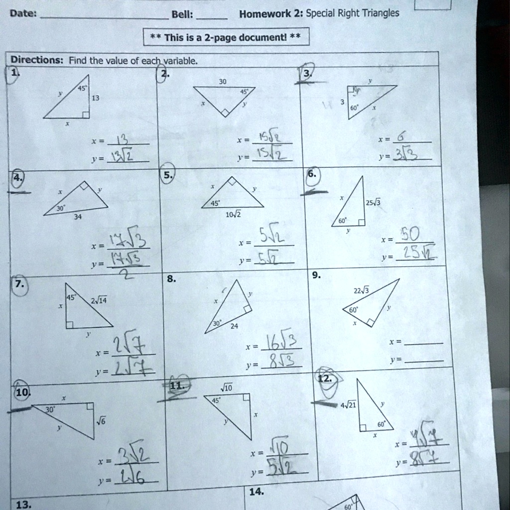 homework 2 special right triangles answers